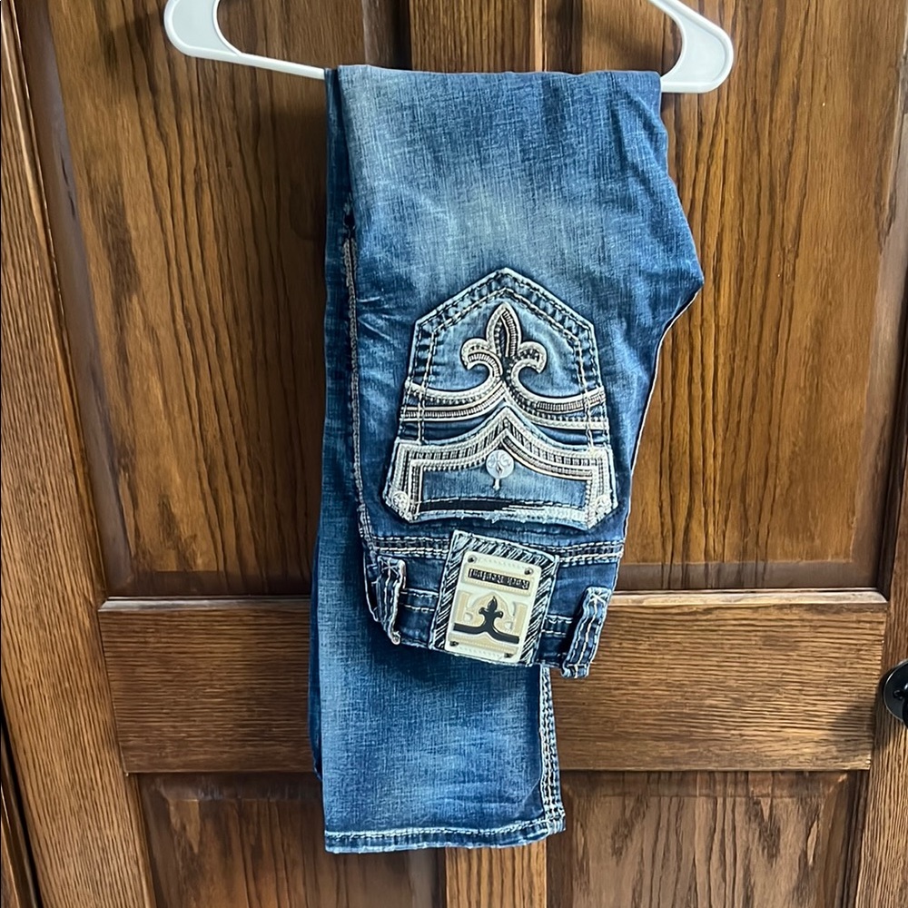 Rock Revival Blue Bootcut Jeans with Decorative Stitching